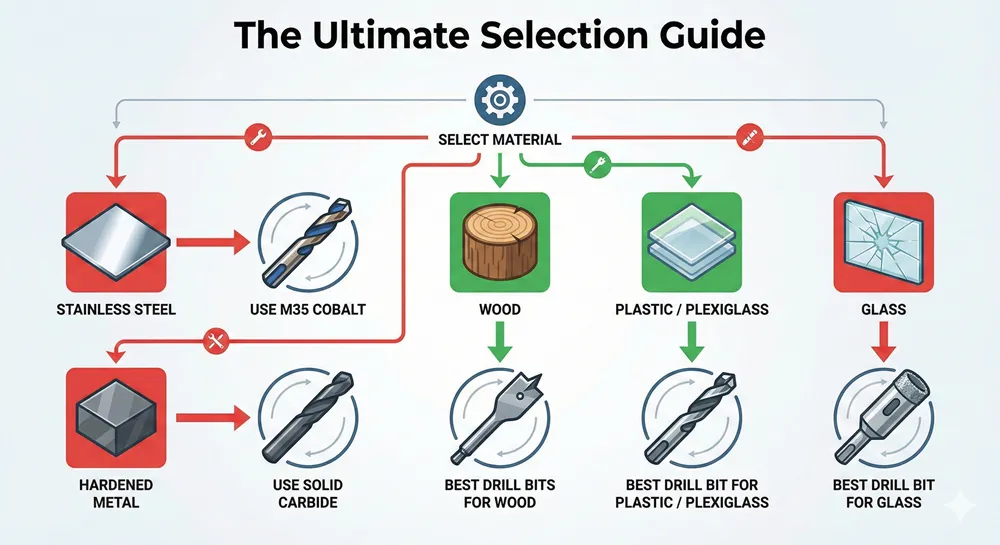 Material selection guide for best drill bit for plastic, wood, glass, and plexiglass