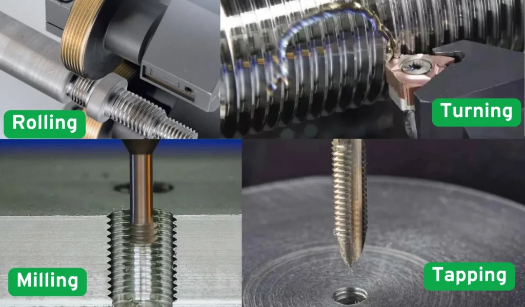 Four different threading machining methods (Turning, milling, rolling, and tapping ways)