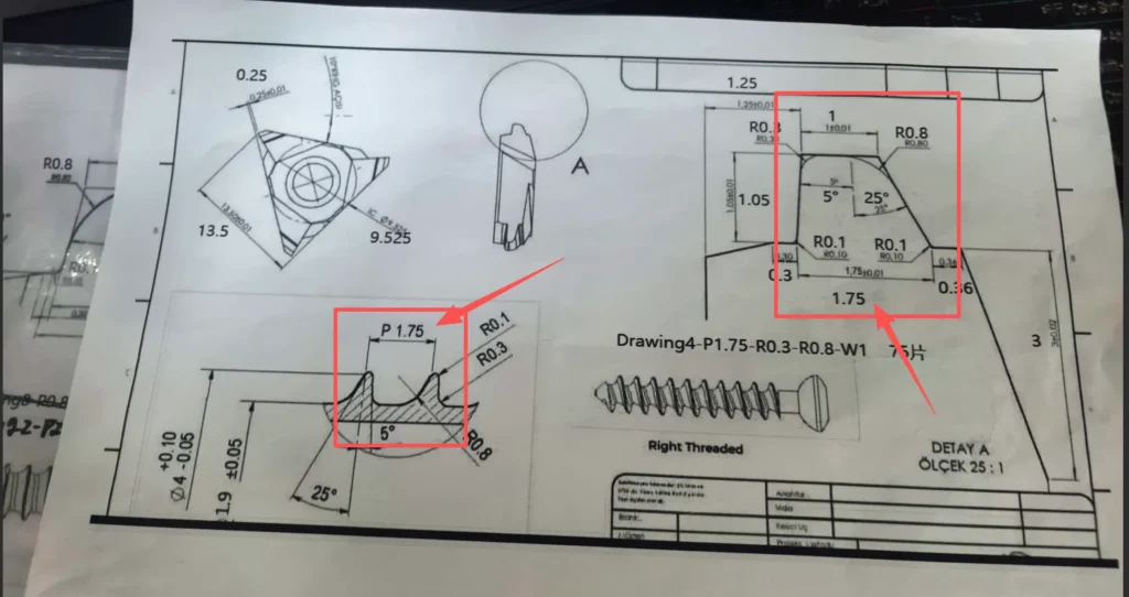 flawed-thread-whirling-insert-drawing Incorrect blueprint of a custom threading insert with pitch dimension on tool base.