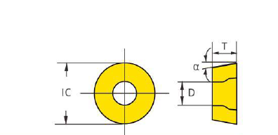 RPMT milling insert technical drawing showing IC thickness hole diameter and relief angle