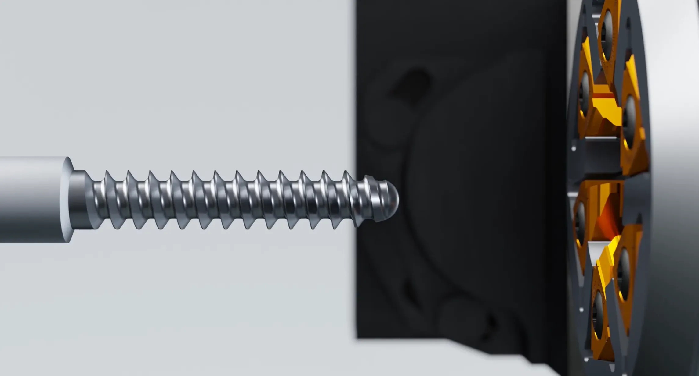 Thread whirling process showing cutter rotation and threaded workpiece machining