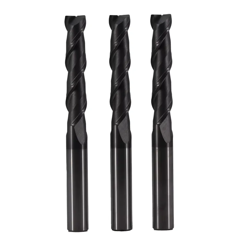 Three solid carbide 2-flute corner radius end mills with rounded cutting corners