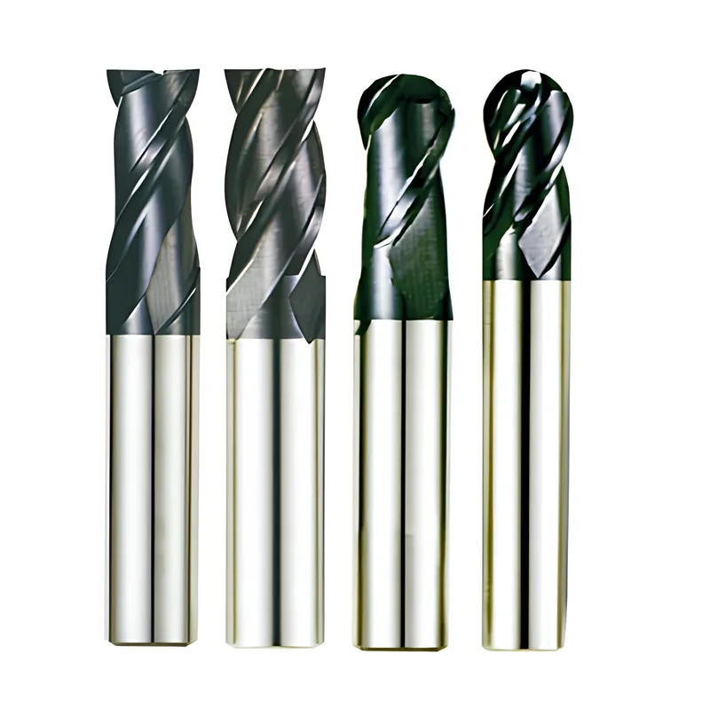 Two-flute carbide end mills with square, corner radius and ball nose cutting geometries