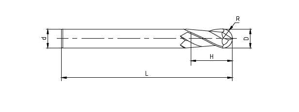 Technical drawing of a 2-flute ball nose end mill showing cutting diameter D, shank diameter d, cutting length H, overall length L and ball radius R