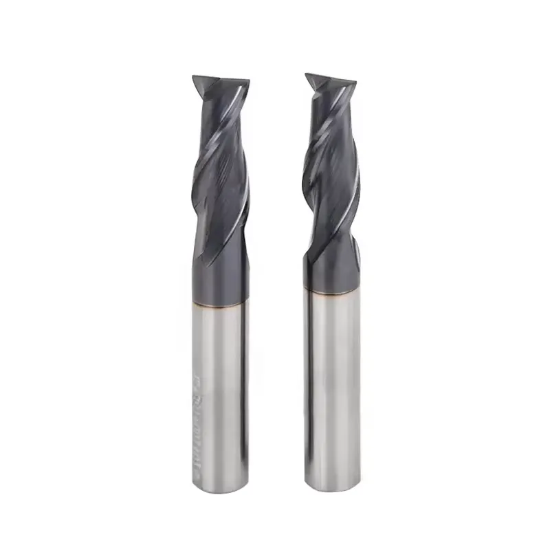 Two solid carbide 2-flute square end mills with flat cutting ends