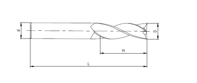 3 flute end mill dimension drawing showing D cutting diameter, d shank diameter, H cutting length and L overall length