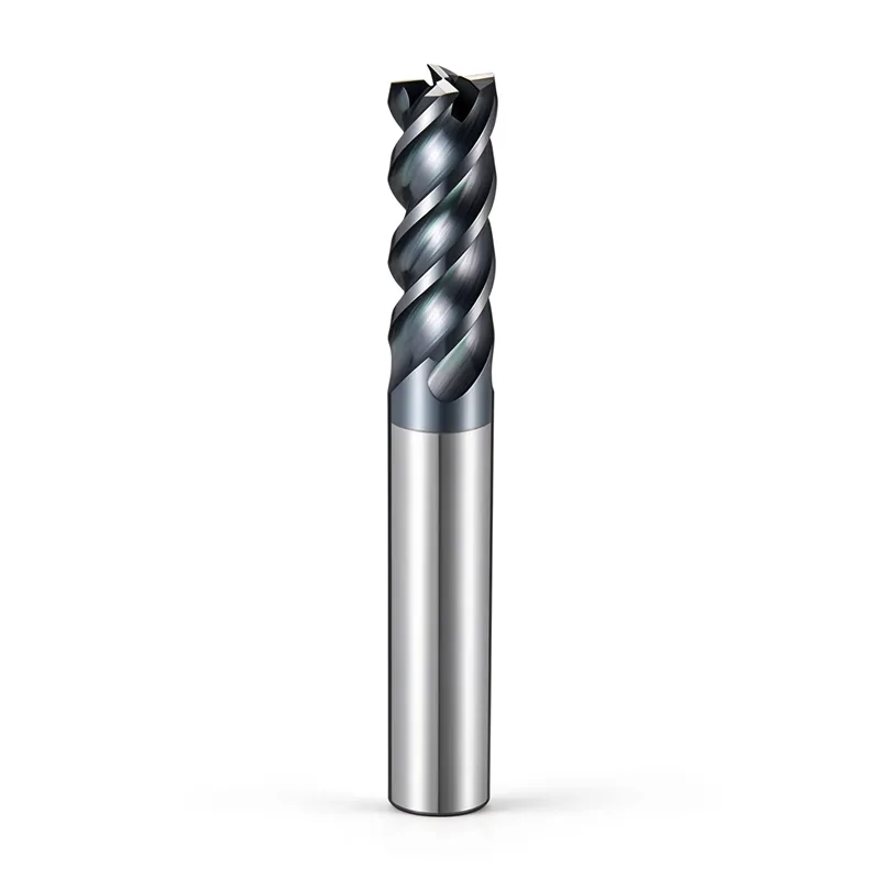 Solid carbide four-flute square end mill with a flat cutting end