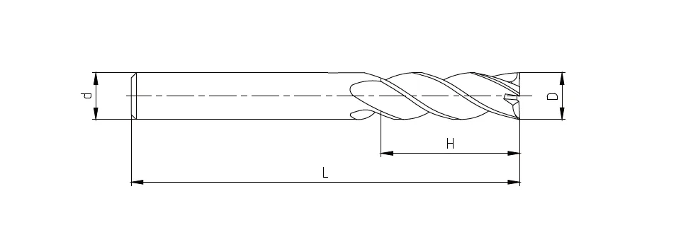 Technical dimension drawing of a 4E four-flute square end mill showing cutting diameter D, shank diameter d, cutting length H and overall length L