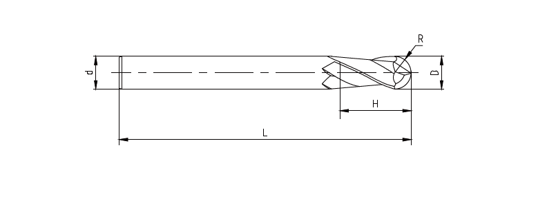 Technische Maßzeichnung eines Kugelfräsers mit Angabe von D (Schnittdurchmesser), d (Schaftdurchmesser), R (Kugelfräsradius), H (Schnittlänge) und L (Gesamtlänge)