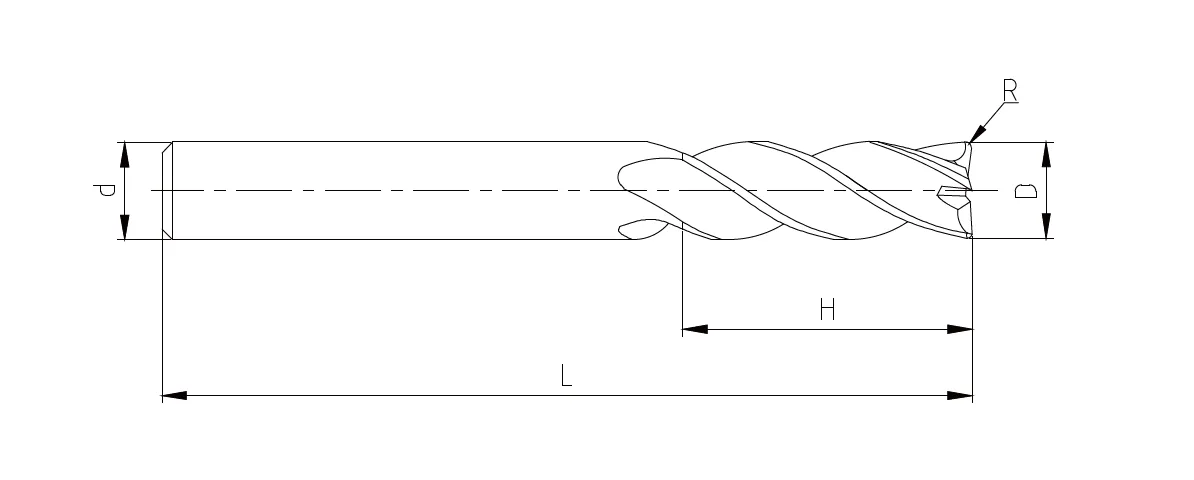 Bull nose corner radius end mill technical dimension drawing indicating cutting diameter D, shank diameter d, corner radius R, cutting length H and overall length L